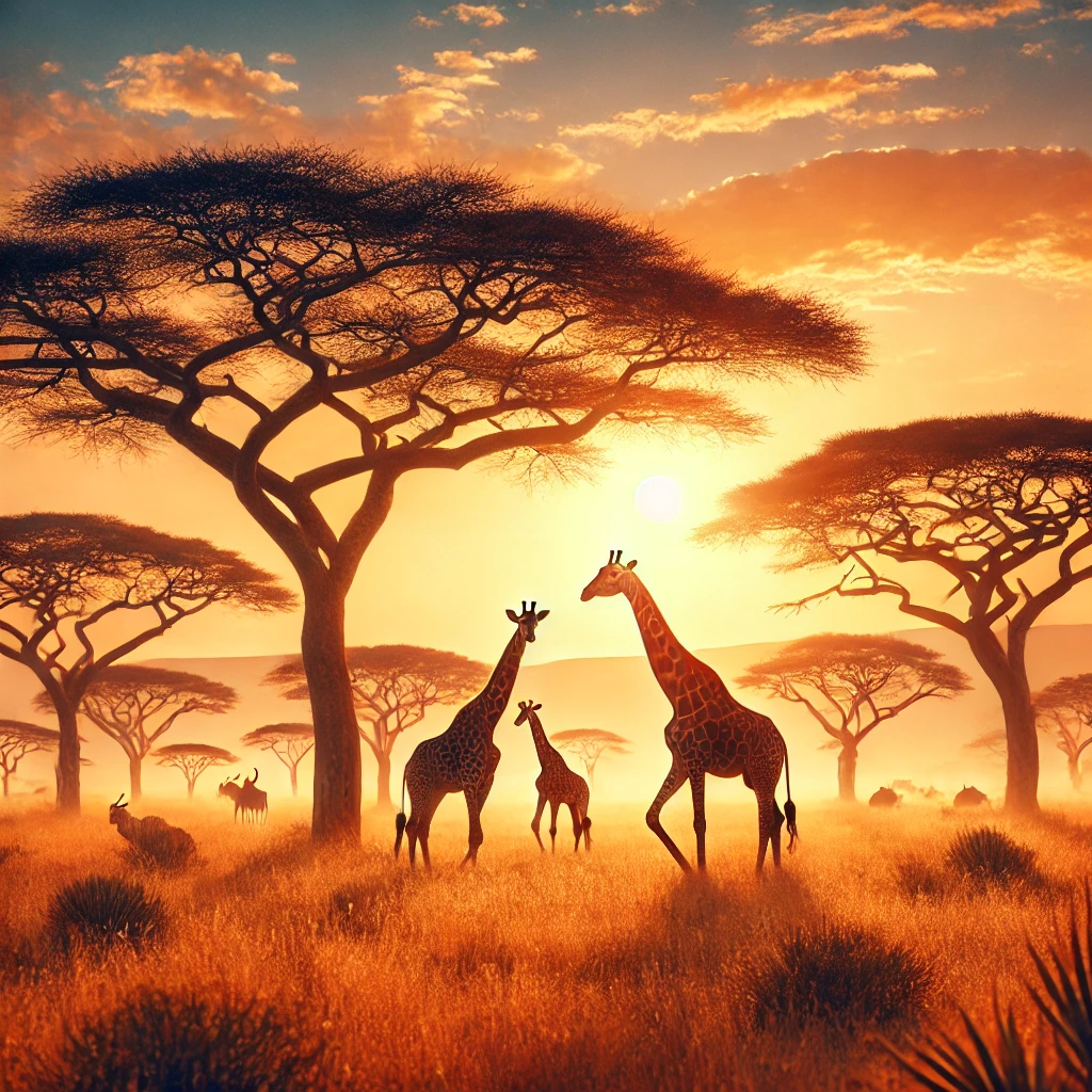 Giraffes in a savanna with acacia trees